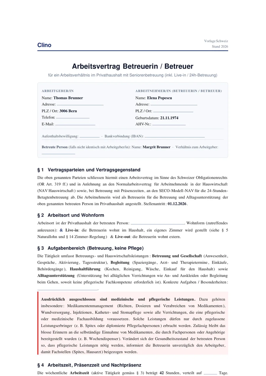 Exemple : contrat de travail d'auxiliaire de vie rempli avec Clino, page 1