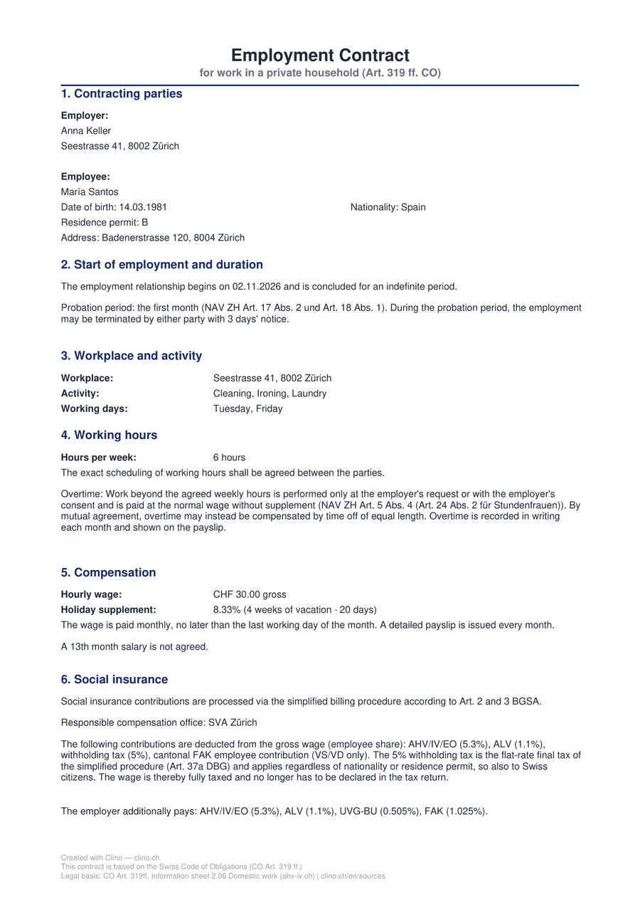 Page 1 of an employment contract made with this generator: household in Zurich, cleaner María Santos, CHF 30 an hour