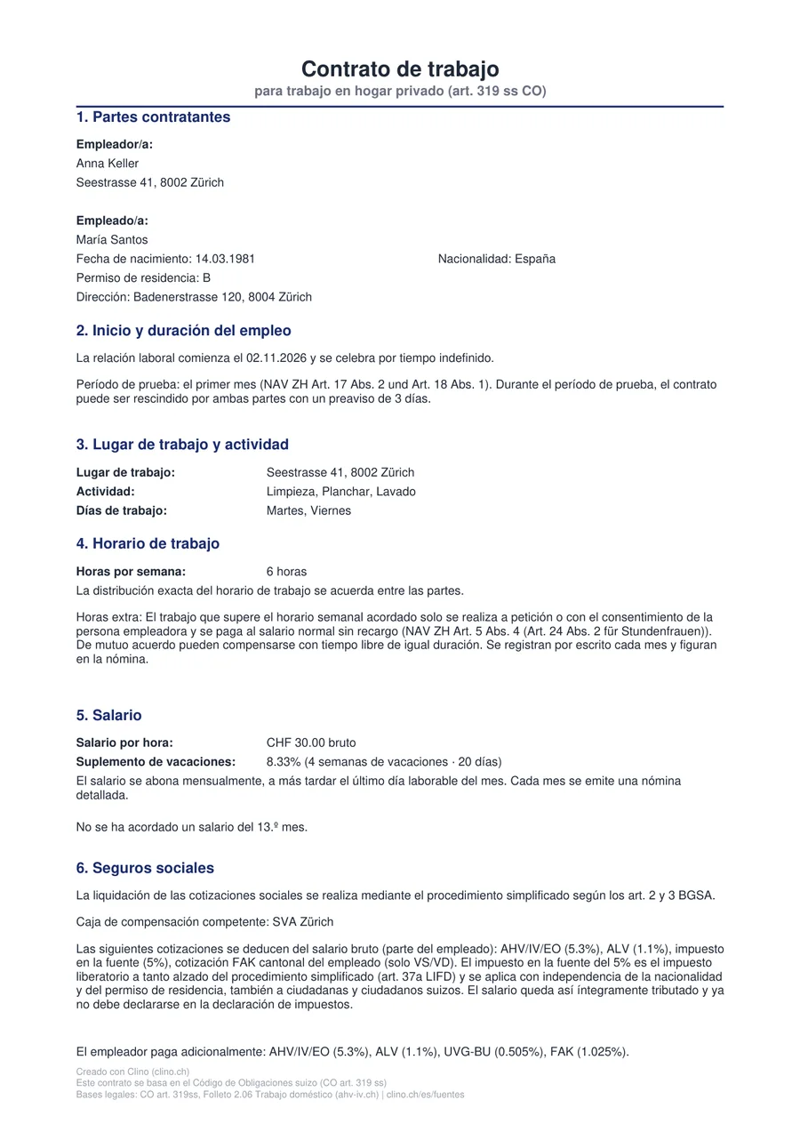 Página 1 de un contrato de trabajo hecho con esta herramienta: hogar en Zúrich, empleada María Santos, CHF 30 la hora
