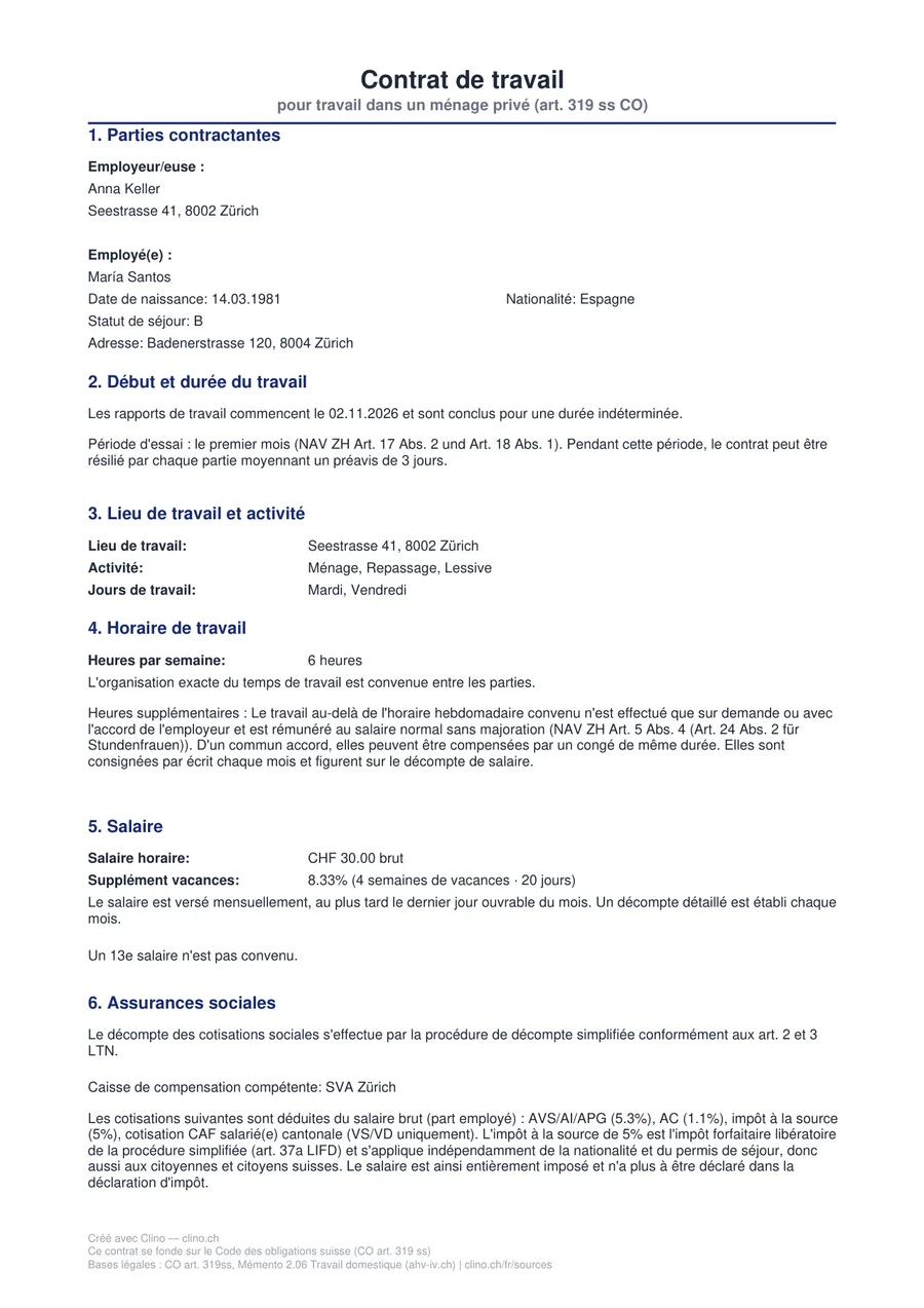 Page 1 d'un contrat de travail créé avec cet outil : ménage à Zurich, femme de ménage María Santos, CHF 30 de l'heure