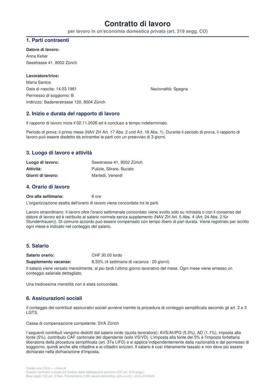 Pagina 1 di un contratto di lavoro creato con questo strumento: economia domestica a Zurigo, collaboratrice María Santos, CHF 30 all'ora